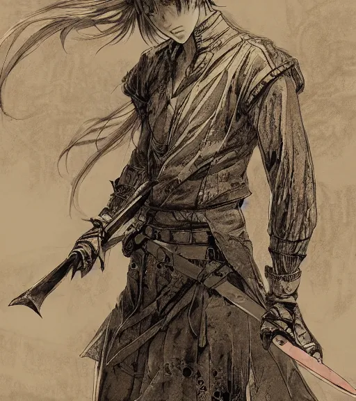 Image similar to full body portrait of anime yandere holding a knife, pen and ink, intricate line drawings, by craig mullins, ruan jia, kentaro miura, greg rutkowski, loundraw