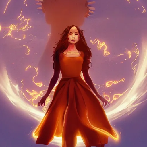 Image similar to goddes of the sun, beautiful, stunning, red golden dress, whirling with power in the sky, unreal engine, concept art, photorealistic, cinematic, james jean, akira, satochi con