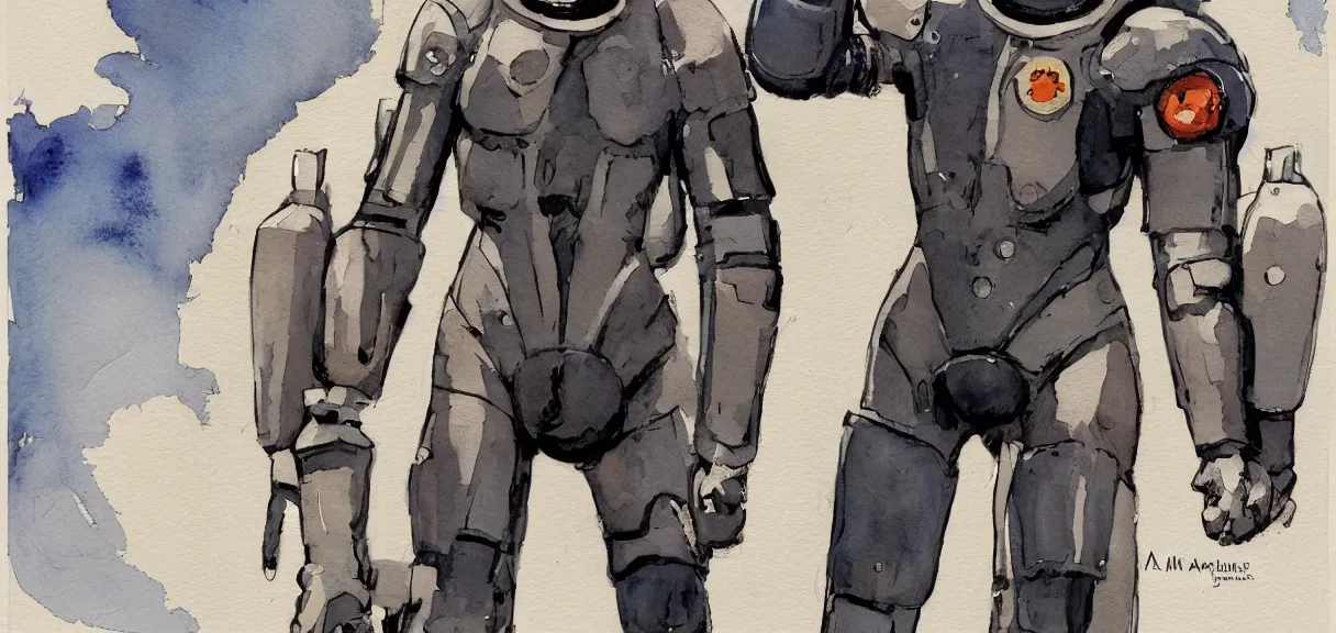 Image similar to male, full body, space suit with a modern helmet, large shoulders, short torso, long thin legs, tiny feet, watercolor wash, character sheet, science fiction, very stylized character design, digital painting, by mike mignola, by alex maleev, jean giraud