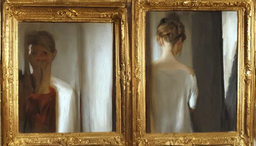 Prompt: painting by borremans, young woman in front of the mirror, detailed, stunning