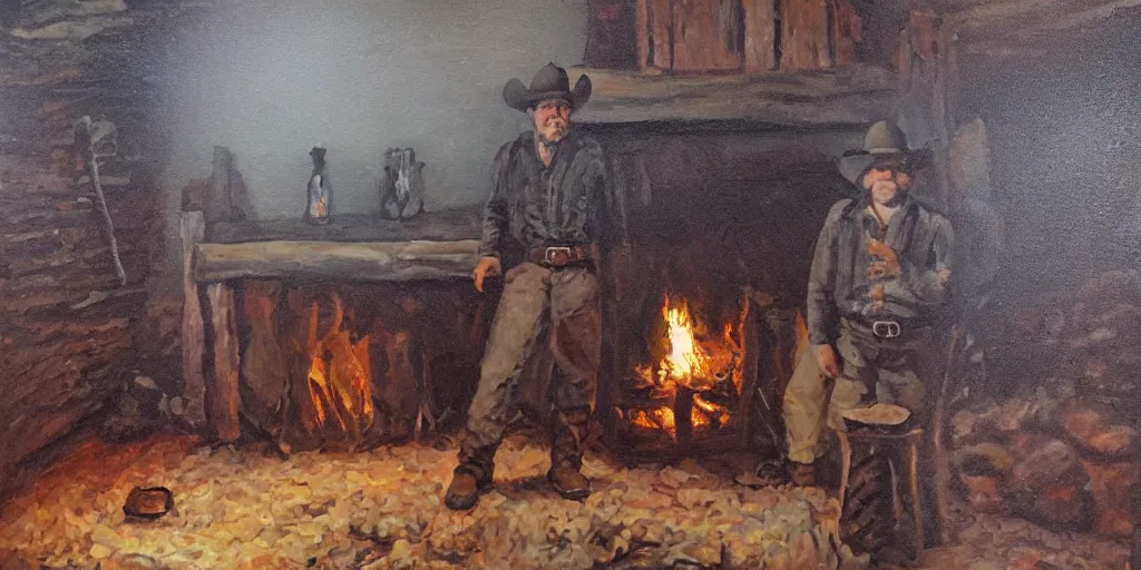 Image similar to in an old west cabin, a lonely, rugged cowboy stands at his fireplace, in the style of Fredrick Remington, oil painting