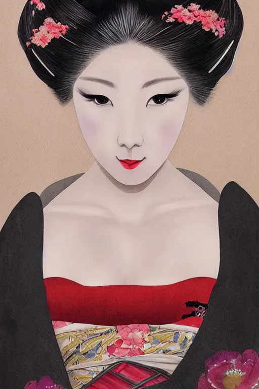 Image similar to sensual and very seductive geisha, digital art, 8k, character, realistic, portrait, photorealism, japan watercolour, masterpiece art