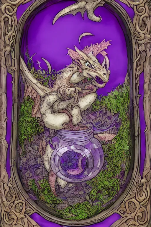 Prompt: rebecca guay ’ s painting of a charming little purple dragon inside a big glass jar terrarium, in the style of demon slayer mugen train, mystical, wicca, high fantasy, hyper realism, intricate, digital art, detailed, studio shot, unreal engine 5, octane, high definition, smooth, artstation, behance