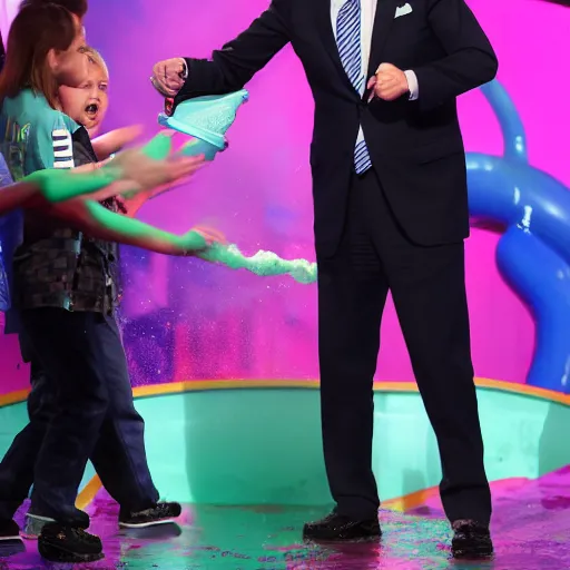 Prompt: joe biden getting slimed at the kids choice awards