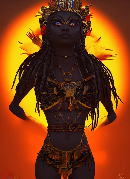 Prompt: aztec sun goddess, dark shadows, contrast, concept art, sharp focus, digital art, Hyper-realistic, 4K, Unreal Engine, Highly Detailed, Dramatic Lighting, Beautiful, by Brom