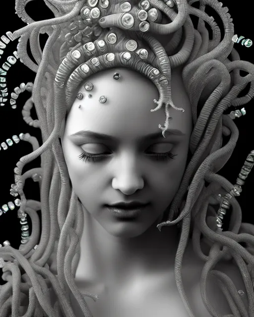 Image similar to mythical dreamy underwater artistic black and white 3 d render of a translucent beautiful young female angelic - medusa - vegetal - doll, highly detailed, intricate crystal ivy jelly ornate, poetic, translucent algae ornate, digital art, octane render, 8 k artistic photography, photo - realistic, hg giger flora borsi