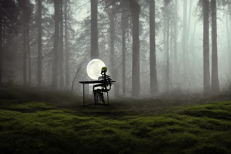 Image similar to a burning human skeleton sitting in foggy forest behind computer at moonlight night, overgrown with moss, light, dark atmosphere, dark fantasy, highly detailed