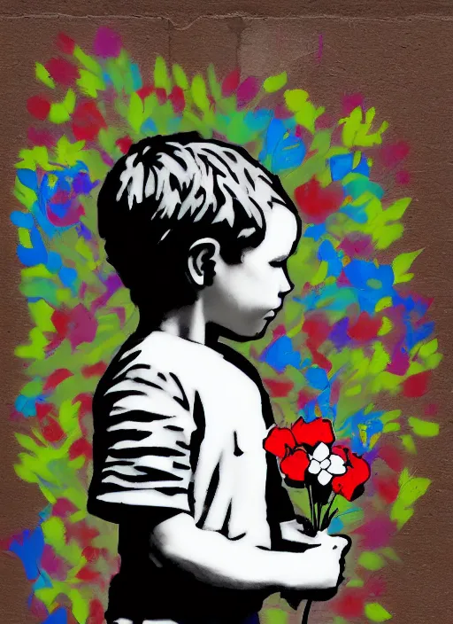 Prompt: a side profile of a single boy holding flowers in the style of Banksy, graffiti, digital art