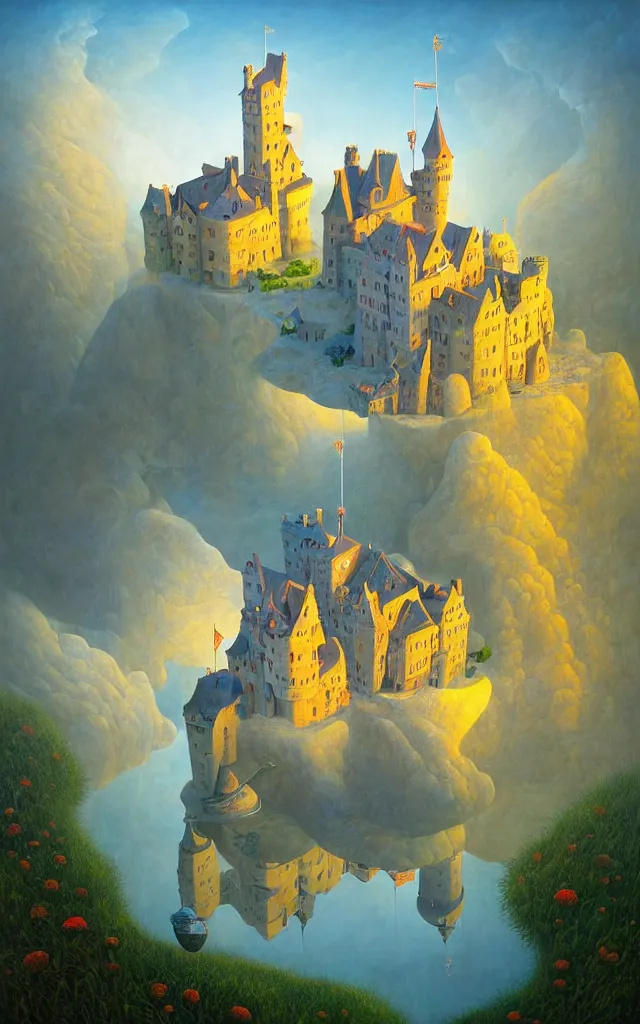 Image similar to close view of a castle an oil on canvas portrait painting of world castle happy place, volumetric light godray, surrealism, surrealist, impossible geometry, rob gonsalves, high detail fantastic gediminas pranckevicius