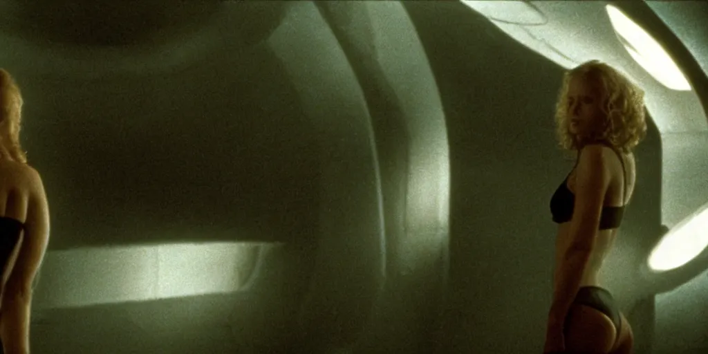 Image similar to color film still, view from behind, a woman in black bikini exploring a spaceship ; alien 2 ( 1 9 8 6 )