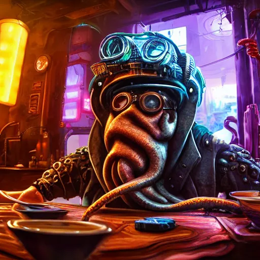 Image similar to a high quality portrait of octopus Davy Jones in a cyberpunk cyberpunk cyberpunk cafe, realism, 8k, award winning photo