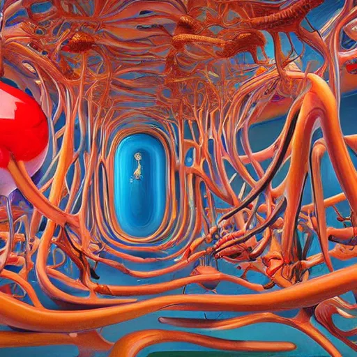 Prompt: an extremely high quality hd surrealism painting of a 3d perspective neon complimentary-colors cartoon surrealism melting optical illusion sculpture gallery zaha hadid biological anatomical city by the skilled kandinskypicasso and salvia dali, salvador dali's extremely talented cousin, 8k, ultra realistic, very realistic, blood cells, neurons, gloopy, blobs, photorealistic