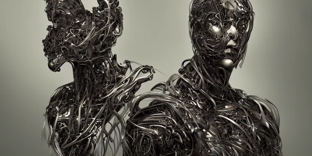 Image similar to hyper realistic photography of a stunningly beautiful cyborg male, elbow, thy, intimate, holding close, reflective chrome in the style of beth cavener, jin kagetsu,, and wlop, highly detailed, intricate filigree,, masterpiece, award winning, sharp focus, concept art, ringflash lighting, ambient lighting, octane render, 8 k, artstation