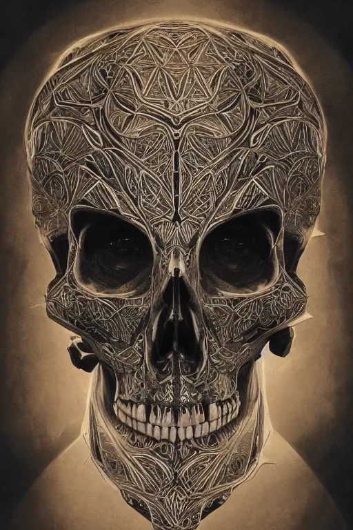 Image similar to concept art skull, the skull is decorated with art deco patterns, close - up portrait, powerfull, intricate, elegant, volumetric lighting, scenery, digital painting, highly detailed, artstation, sharp focus, illustration, concept art, ruan jia, steve mccurry