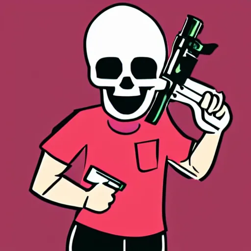 Image similar to a sticker illustration of a man with a skull head hold a gun