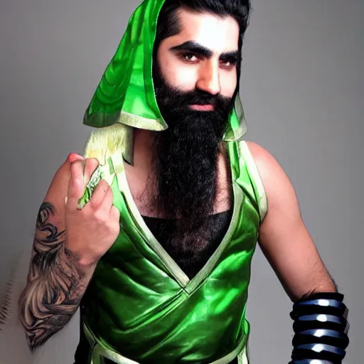 Image similar to Joedat Esfahani, AKA VoyBoy, dressed as Akali from League of Legends. Beautiful handsome bearded artbreeder detailed face.