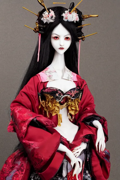 Image similar to album cover of an avant - garde japanese bjd geisha vampire queen with porcelain skin in victorian red dress in the style of dark - fantasy lolita fashion painted by yoshitaka amano, takato yamamoto, christopher shy, dmt art, symmetrical vogue face portrait, intricate detail, artstation, cgsociety, artgerm, gold skulls, rococo