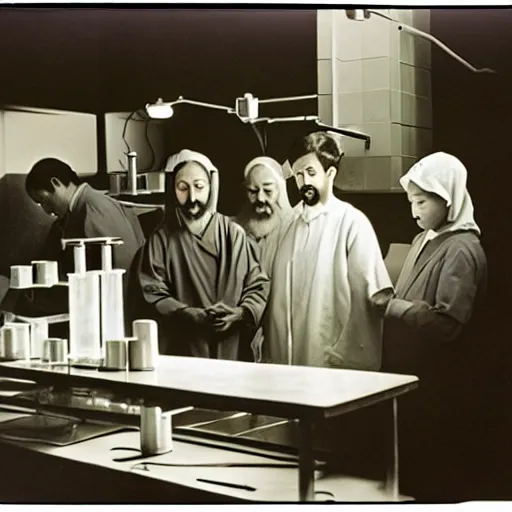 Prompt: color photography of jesus in a university chemistry lab by hisaji hara