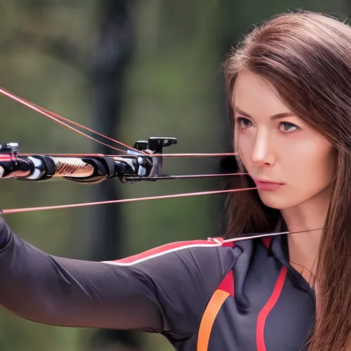 Prompt: photo realistic, a attractive sports woman in archery, pointing his bow, uhd 8 k, highly detailed