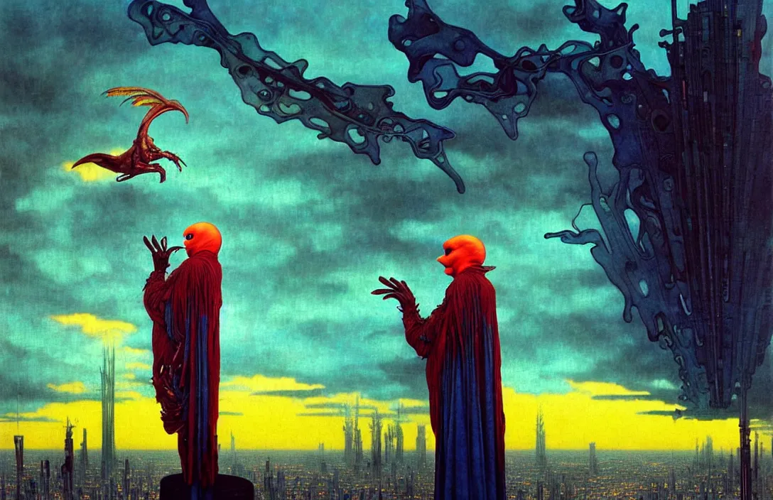 Prompt: realistic detailed portrait movie shot of a birdman wearing dark ragged robes, futuristic city sunset landscape background by denis villeneuve, amano, yves tanguy, alphonse mucha, ernst haeckel, max ernst, roger dean, rich moody colours, blue eyes