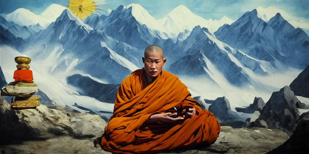 Image similar to oil matte portrait of tibetan monk sitting at a mountain peak praying, with tibetan prayer flags going up the summit, cinematic lighting, deep focus, sharp focus, golden ratio, dramatic illumination, hdr, ultra realistic, 8 k, highly detailed, trending on artstation, epic composition, by caravaggio, by artemisia lomi gentileschi