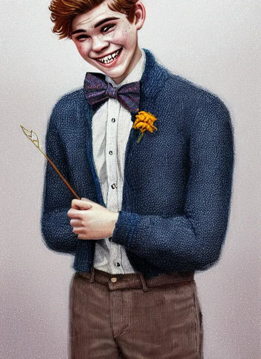 Image similar to portrait of teenage archie andrews, freckles, curly middle part haircut, curly hair, middle part hairstyle, smiling kindly, wearing a bowtie and sweater vest, intricate, elegant, glowing lights, highly detailed, digital painting, artstation, concept art, smooth, sharp focus, illustration, art by wlop, mars ravelo and greg rutkowski