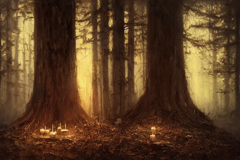 Prompt: matte painting of a lit candle in a dead stump of a tree, by jeremy mann and greg rutkowski, intricate cinematic light, oil on canvas