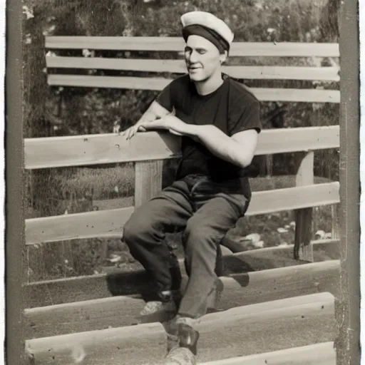 Image similar to upward photograph of a young man with a backward hat sitting on outdoor wooden bleachers next to a radio