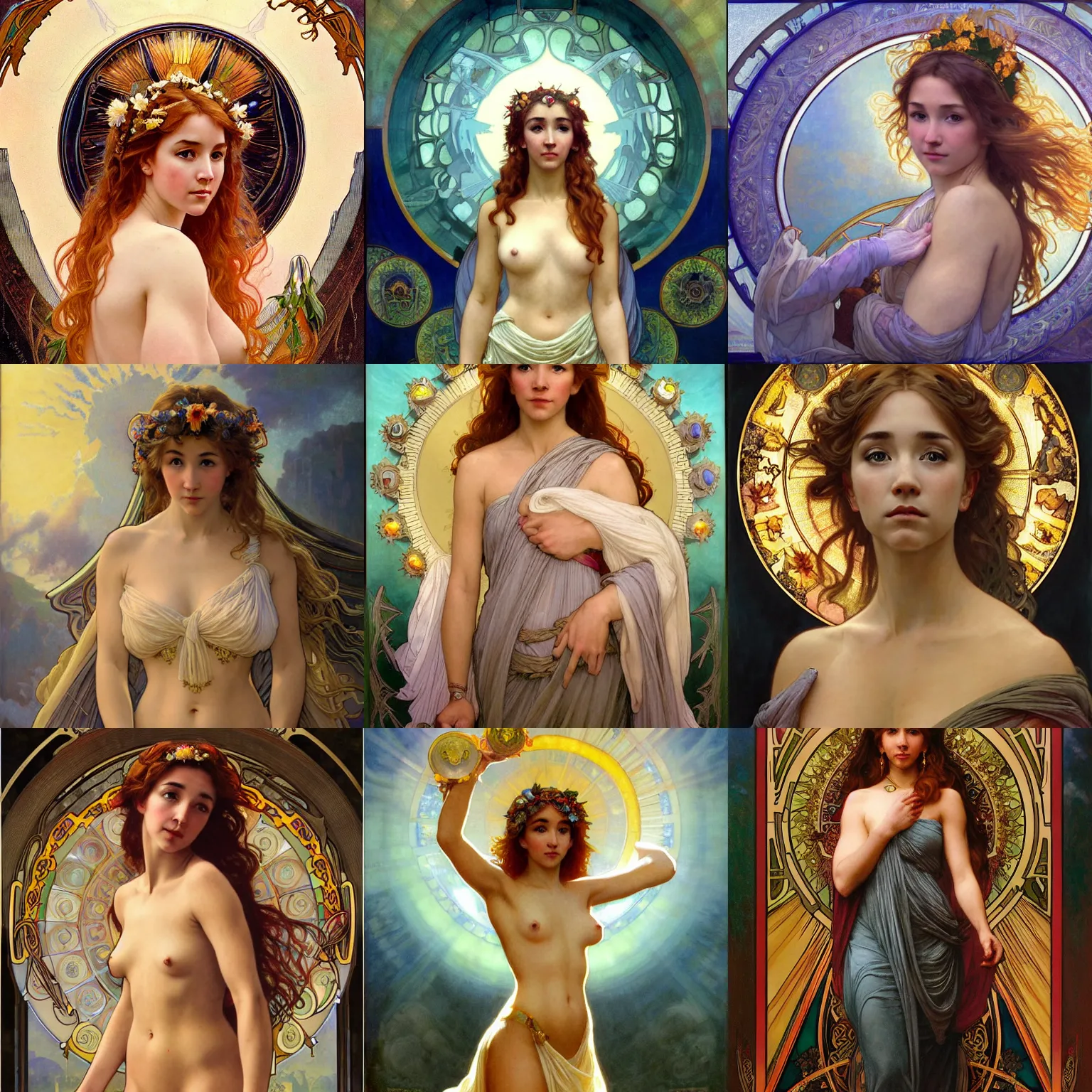 Prompt: stunning, breathtaking, awe-inspiring award-winning concept art nouveau painting of attractive Holly Taylor as the goddess of the sun, with anxious, piercing eyes, by Alphonse Mucha, Michael Whelan, William Adolphe Bouguereau, John Williams Waterhouse, and Donato Giancola, cyberpunk, extremely moody lighting, glowing light and shadow, atmospheric, cinematic, 8K