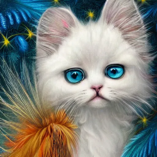 Prompt: cute fuzzy white persian kitten with long flowing fur and tail made of peacock feathers detailed painting in the style of josephine wall 4 k