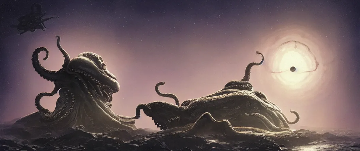 Prompt: detailed hyper realistic alien octopus demigod which looks deeply intimidating, menacing alien snake fighting giant spiders, floating island on a barren exoplanet, beautiful dramatic moody lighting, cinematic atmosphere, by Ralph McQuarrie| sparth:.2 | Tim white:.4 | Rodney Mathews:.2 | Graphic Novel, Visual Novel, Colored Pencil, Comic Book:.2