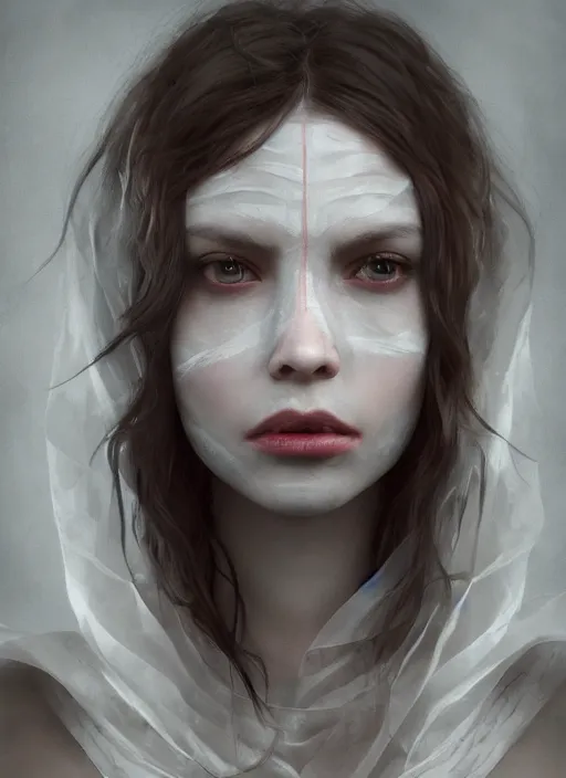 Image similar to portrait of beautiful girl with full pouty lips, skeksis, white face paint, bandaged nose, expressive eyes, fullbody, translucent skin, procedural rendering, greg rutkowski, charlie bowater, yuumei, yanjun cheng, unreal 5, daz, hyperrealistic, octane render, rpg portrait, dynamic lighting, fantasy art, beautiful face