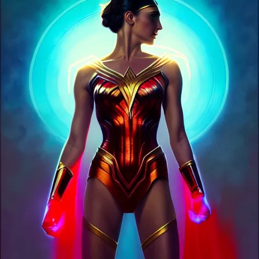 Prompt: gal gadot as darna, volumetric lights, red and cyan theme, art nouveau botanicals, intricate, highly detailed, digital painting, artstation, concept art, smooth, sharp focus, cinematic, illustration, beautiful face, art by artgerm and greg rutkowski and alphonse mucha