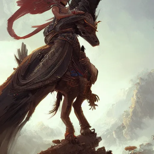 Prompt: asian woman holding an eagle on a horse, greg rutkowski, fantasy, intricate, elegant, wolf nearby, highly detailed, digital painting, artstation, concept art, long shot, cinematic lighting