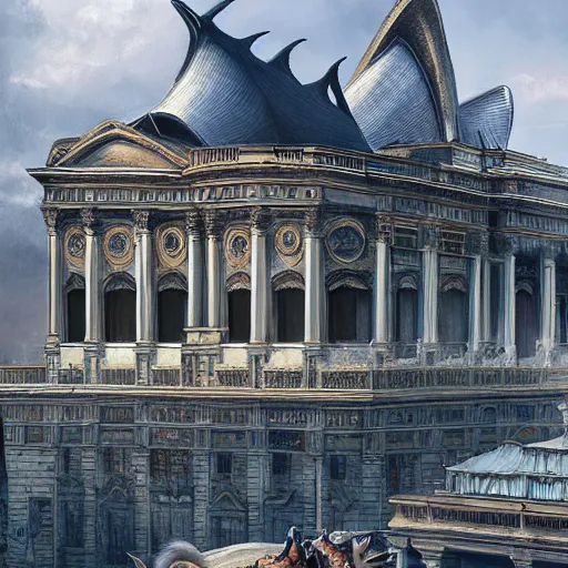 Image similar to werewolf highly sitting on the opera house at lviv, panorama, highly detailed, full body, digital painting, trending on artstation, concept art, sharp focus, illustration, art by artgerm and greg rutkowski and magali villeneuve