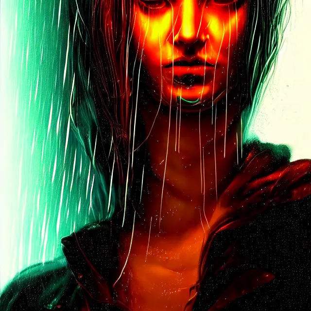 Image similar to bright asthetic portrait LSD glowing backlit rain on face and wet hair, cyberpunk, overhead lighting, fantasy, intricate, elegant, dramatic lighting, highly detailed, lifelike, photorealistic, digital painting, artstation, illustration, concept art, smooth, sharp focus, art by John Collier and Albert Aublet and Krenz Cushart and Artem Demura and Alphonse Mucha