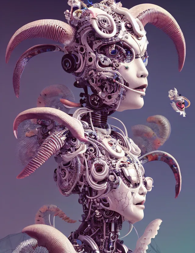 Prompt: 3 d goddess cyborg close - up profile portrait with ram skull. beautiful intricately detailed japanese crow kitsune mask and clasical japanese kimono. betta fish, jellyfish phoenix, bio luminescent, plasma, ice, water, wind, creature, artwork by tooth wu and wlop and beeple and greg rutkowski