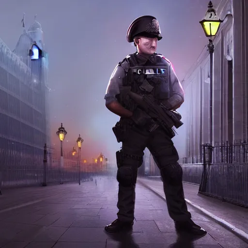 Image similar to A British police officer guarding London at night, highly detailed, ambient lighting, trending on art station