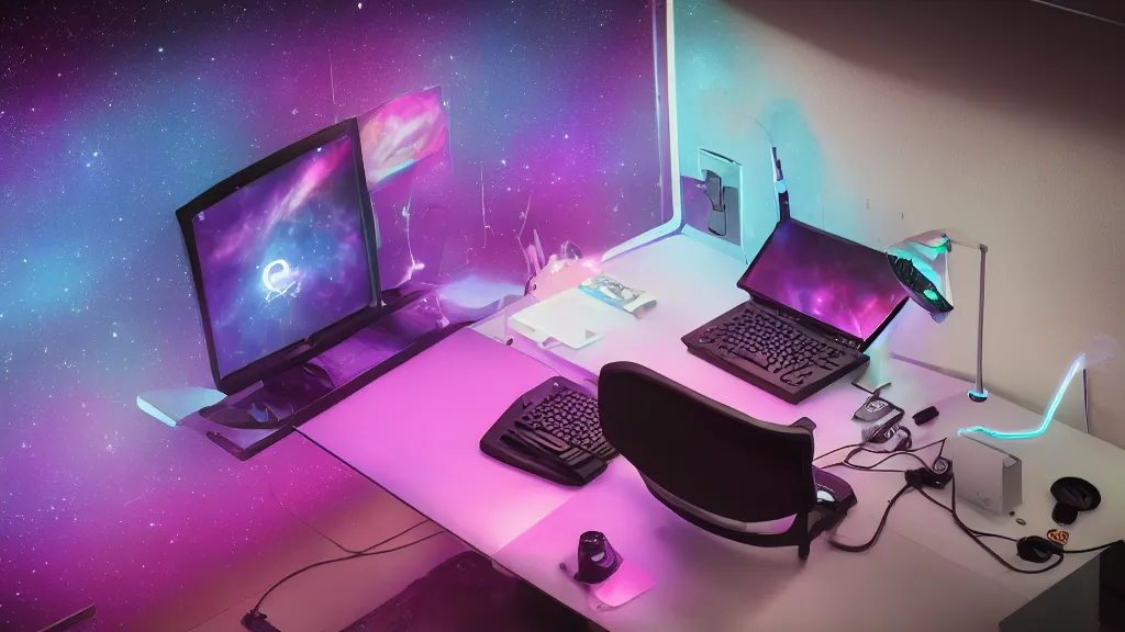 Prompt: a galactic overpowered computer. (cyan, pink, purple, orange) Overclocking, watercooling, custom computer, nebula, mat black metal, alienware, cosmic design, desktop computer, nebula, galactic, space, minimalist desk, minimalist home office, whole room, minimalist, Beautiful dramatic dark moody tones and lighting, orange neon, Ultra realistic details, cinematic atmosphere, studio lighting, shadows, starts lighting, starts, dark background, dimmed lights, industrial architecture, Octane render, realistic 3D, photorealistic rendering, 8K, 4K, Cyborg R.A.T 7, Republic of Gamer, computer setup, highly detailed