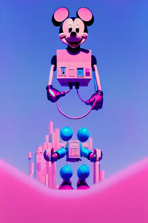 Prompt: a beeple painting of mickey mouse and a giant robot, by beeple in pink and blue colour, highly detailed, rendered in octane