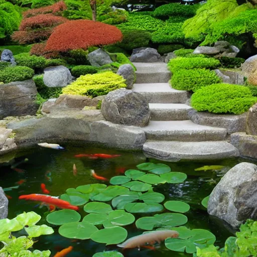 Image similar to photo of a koi pond in a Japanese garden, beautiful, high detail, golden ratio, amazing,