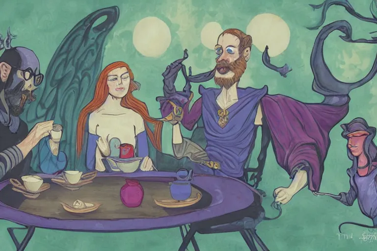 Image similar to Liz (sorceress), Tim (bearded alchemist) having tea with the Voidlings (creatures of the void) | fantasy painting