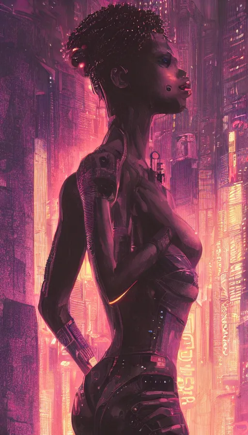 Image similar to a beautiful young Black woman, cyberpunk, Blade Runner city background, highly detailed, 8K, artstation, illustration, art by Gustav Klimt