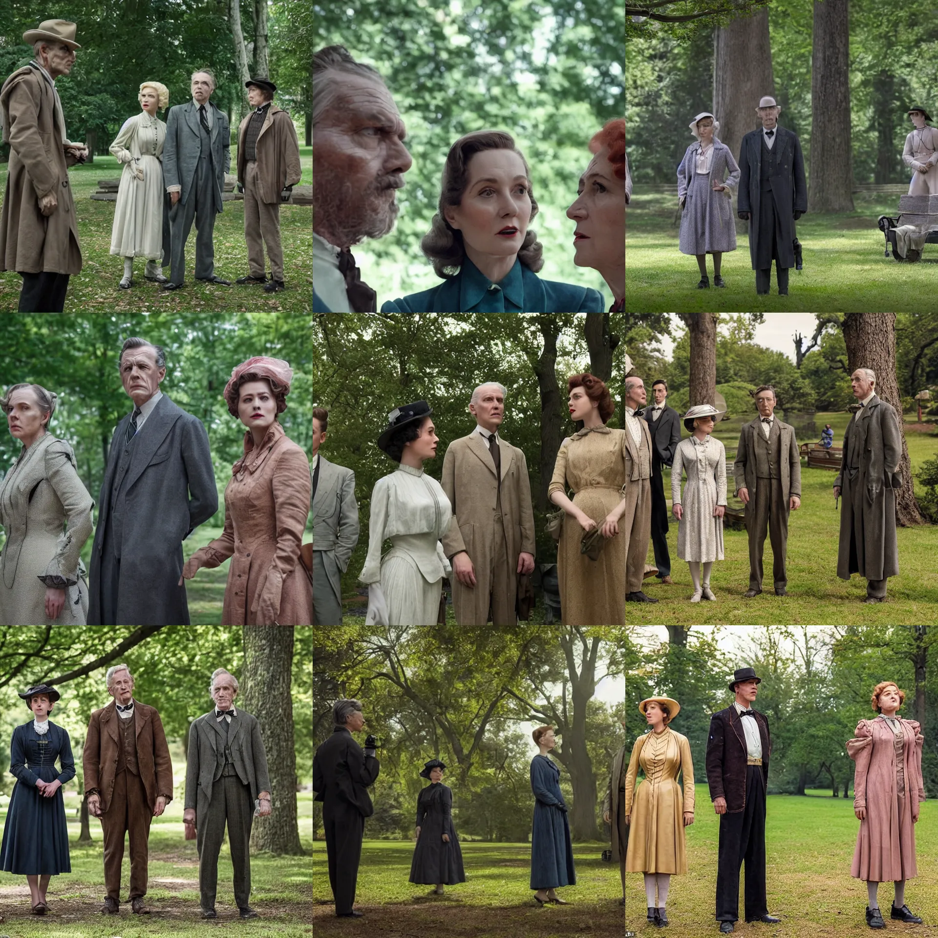 Prompt: sharp, highly detailed, film from a 2 0 1 9 sci fi 8 k movie, two time travelers appear in a park in 2 0 1 9, a man from 1 9 5 0 and a woman from 1 9 0 0, wearing correct era clothes, atmospheric lighting, in focus, reflective eyes, 3 5 mm macro lens, live action, nice composition