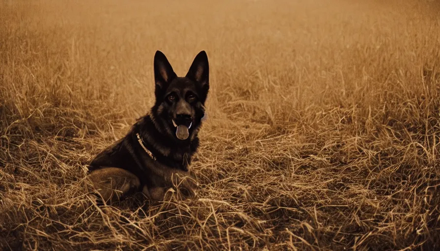 Image similar to cinematic movie still of a german shepard sitting in northwest new jersey in field, cinestill 8 0 0 t 3 5 mm a 2 4 studios, heavy grain, high quality, high detail, golden hour, warm light