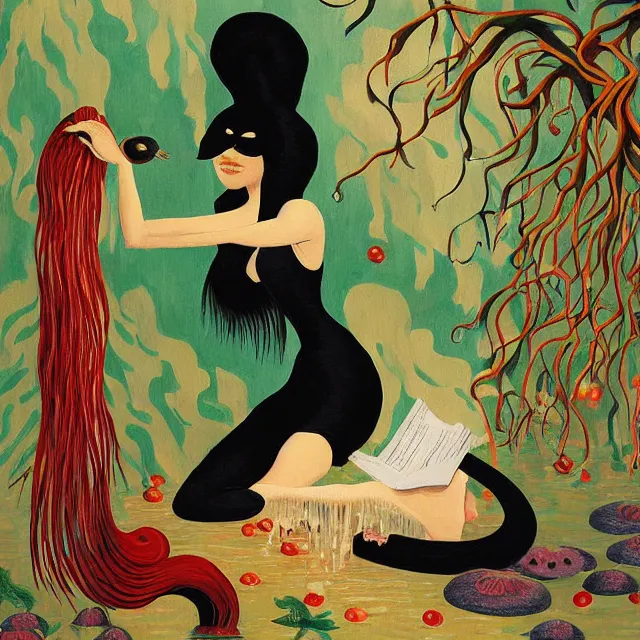 Image similar to tall female catgirl artist holding sheet music in her flooded apartment, pomegranates, octopus, water gushing from ceiling, painting of flood waters inside an artist's apartment, a river flooding indoors, mushrooms, ikebana, zen, rapids, waterfall, black swans, canoe, berries, acrylic on canvas, surrealist, by magritte and monet