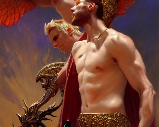 Image similar to attractive pagan male deity, summons handsome lucifer morning star. highly detailed painting by gaston bussiere, craig mullins, j. c. leyendecker 8 k