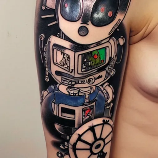 Prompt: Anime manga robot!! cat tattoo, cyborg cat, exposed wires and gears, fully robotic!! cat, manga!! in the style of Junji Ito and Naoko Takeuchi, tattoo on upper arm