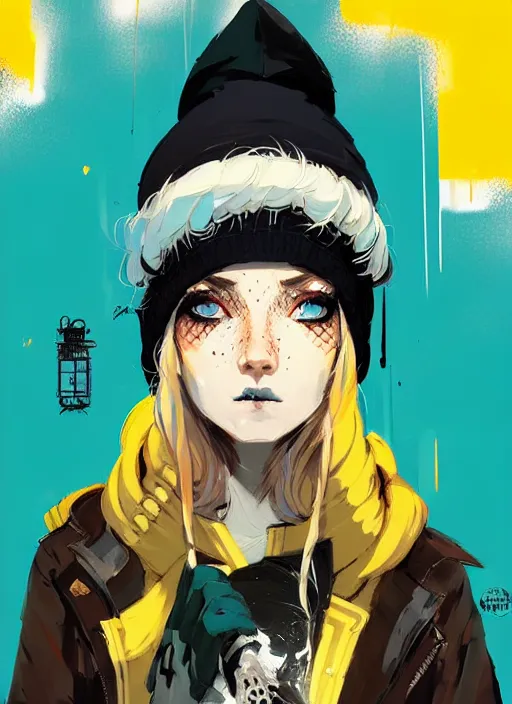 Image similar to highly detailed portrait of a sewerpunk student lady, blue eyes, hoody, beanie hat, white hair by atey ghailan, by greg tocchini, by jim mahfood, by greg rutkowski, by joe fenton, by kaethe butcher, gradient yellow, black, brown and cyan color scheme, grunge aesthetic!!! ( ( graffiti tag wall background ) )