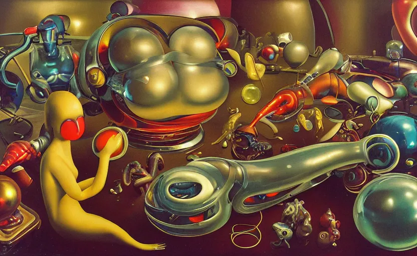 Image similar to strange curvy seductive futuristic robot body, enticing colorful oil painting dutch golden age vanitas eros still life sparse composition with bulbous objects strange gooey transparent surfaces shiny metal reflections bizarre mutant meat insects rachel ruysch dali todd schorr very detailed perfect composition rule of thirds masterpiece canon 5 0 mm, cinematic lighting, photography, retro, film, kodachrome